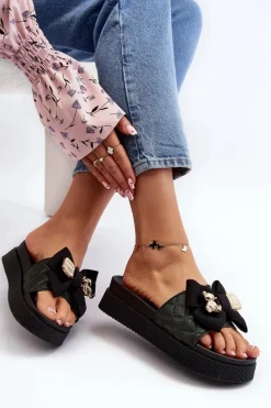 Damskie Klapki Z Kokardą i Misiem Czarne Katterina