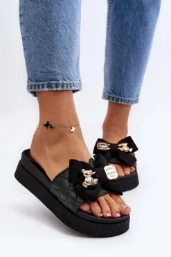 Damskie Klapki Z Kokardą i Misiem Czarne Katterina