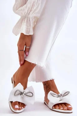 Damskie Klapki Z Kokardą I Cyrkoniami Białe Jolene