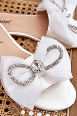 Damskie Klapki Z Kokardą I Cyrkoniami Białe Jolene