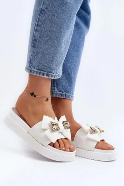 Damskie Klapki Z Kokardą i Misiem Białe Katterina