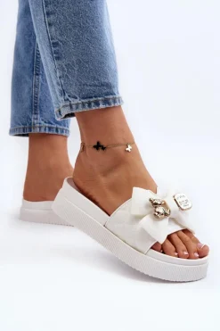 Damskie Klapki Z Kokardą i Misiem Białe Katterina