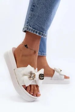 Damskie Klapki Z Kokardą i Misiem Białe Katterina