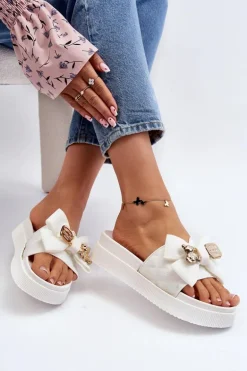 Damskie Klapki Z Kokardą i Misiem Białe Katterina