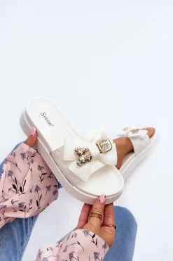 Damskie Klapki Z Kokardą i Misiem Białe Katterina