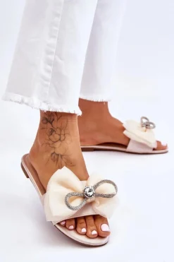 Damskie Klapki Z Kokardą I Cyrkoniami Beżowe Jolene