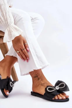 Damskie Klapki Z Kokardą I Cyrkoniami Czarne Jolene