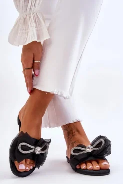 Damskie Klapki Z Kokardą I Cyrkoniami Czarne Jolene