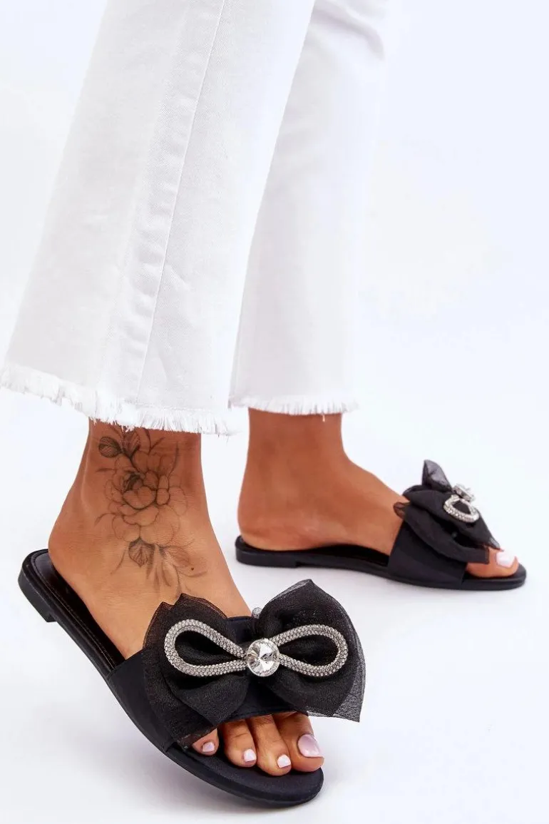 Damskie Klapki Z Kokardą I Cyrkoniami Czarne Jolene