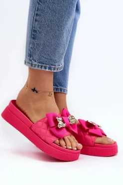 Damskie Klapki Z Kokardą i Misiem Fuksja Katterina