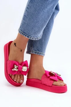 Damskie Klapki Z Kokardą i Misiem Fuksja Katterina