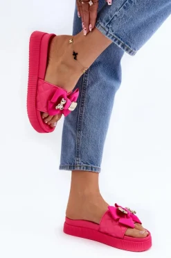 Damskie Klapki Z Kokardą i Misiem Fuksja Katterina