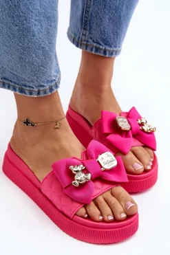 Damskie Klapki Z Kokardą i Misiem Fuksja Katterina