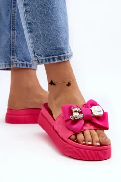 Damskie Klapki Z Kokardą i Misiem Fuksja Katterina
