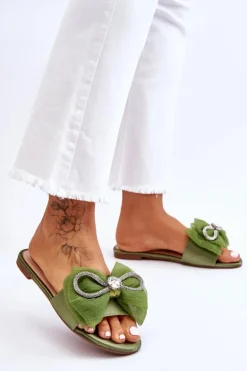 Damskie Klapki Z Kokardą I Cyrkoniami Zielone Jolene