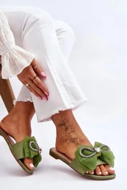 Damskie Klapki Z Kokardą I Cyrkoniami Zielone Jolene