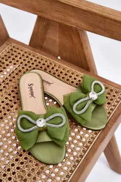 Damskie Klapki Z Kokardą I Cyrkoniami Zielone Jolene