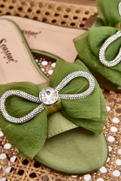 Damskie Klapki Z Kokardą I Cyrkoniami Zielone Jolene