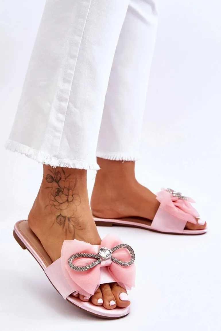 Damskie Klapki Z Kokardą I Cyrkoniami Różowe Jolene