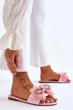 Damskie Klapki Z Kokardą I Cyrkoniami Różowe Jolene