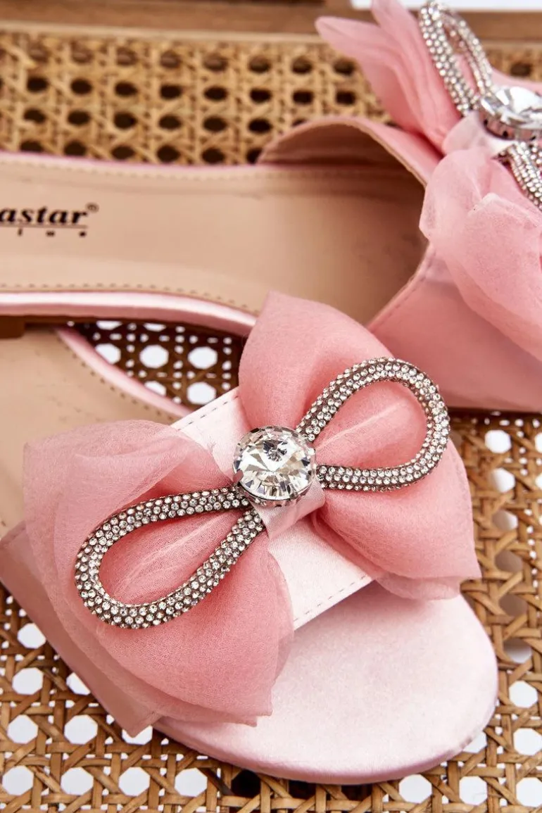 Damskie Klapki Z Kokardą I Cyrkoniami Różowe Jolene