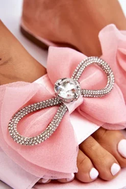 Damskie Klapki Z Kokardą I Cyrkoniami Różowe Jolene