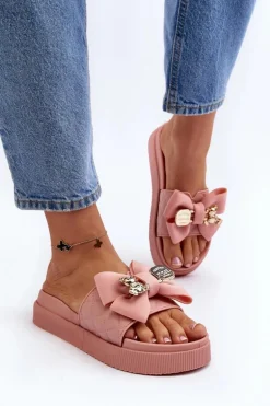 Damskie Klapki Z Kokardą i Misiem Różowe Katterina