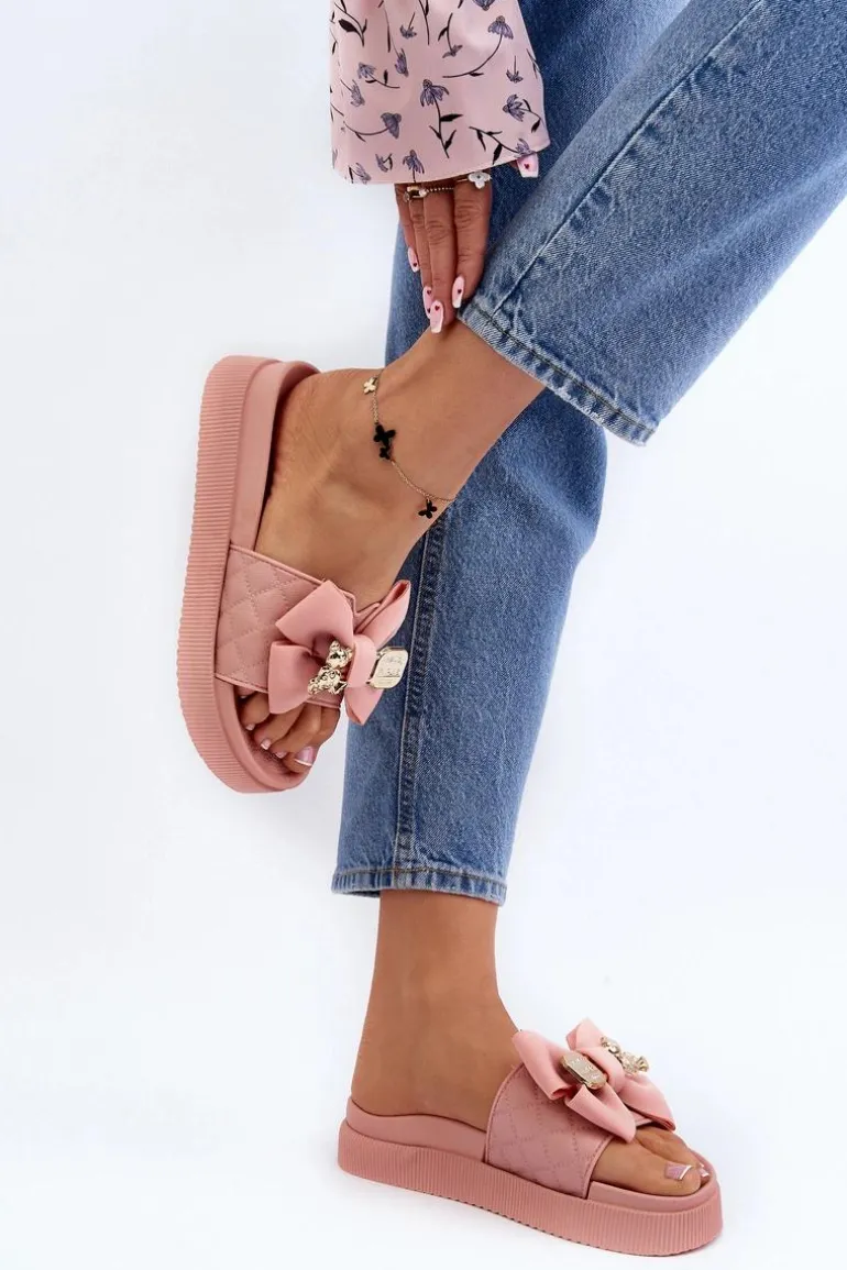 Damskie Klapki Z Kokardą i Misiem Różowe Katterina