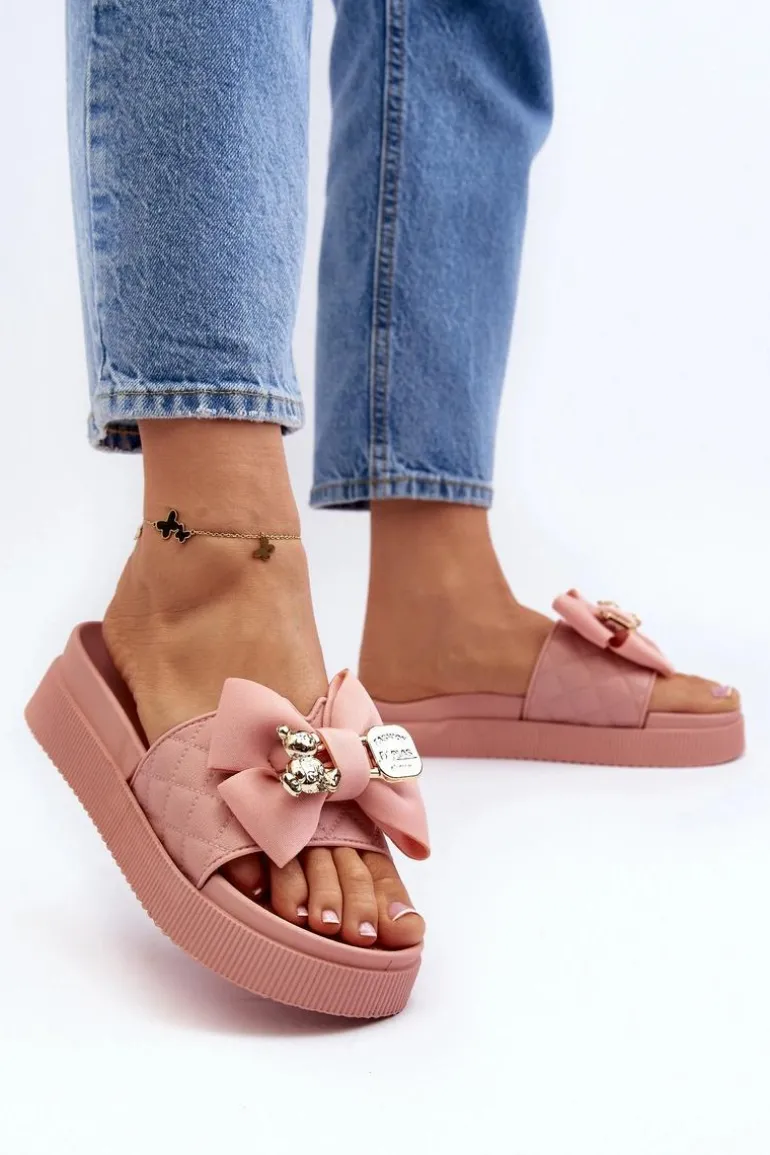 Damskie Klapki Z Kokardą i Misiem Różowe Katterina