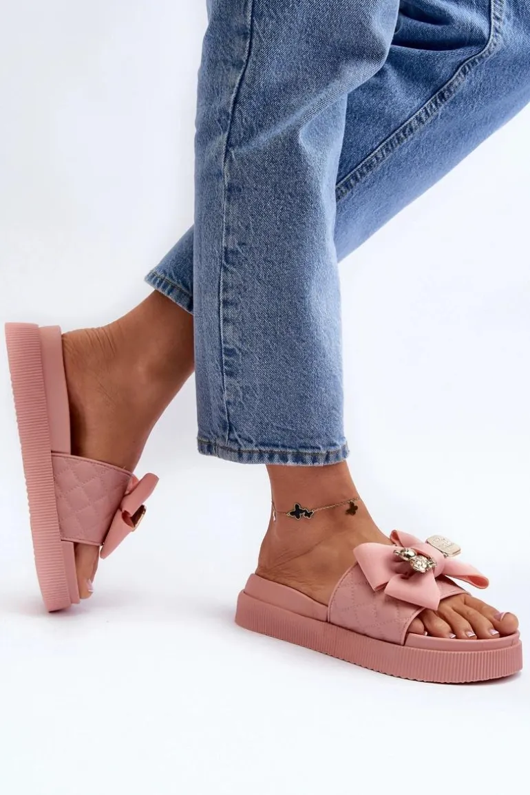 Damskie Klapki Z Kokardą i Misiem Różowe Katterina