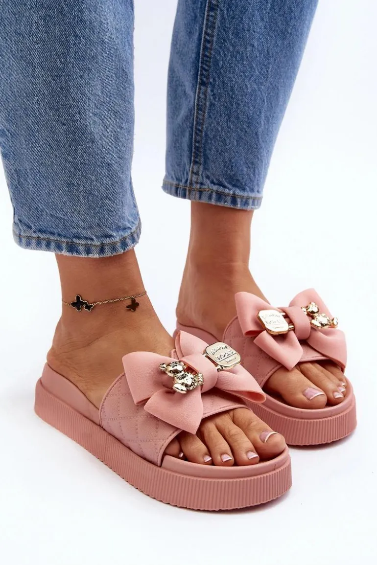 Damskie Klapki Z Kokardą i Misiem Różowe Katterina
