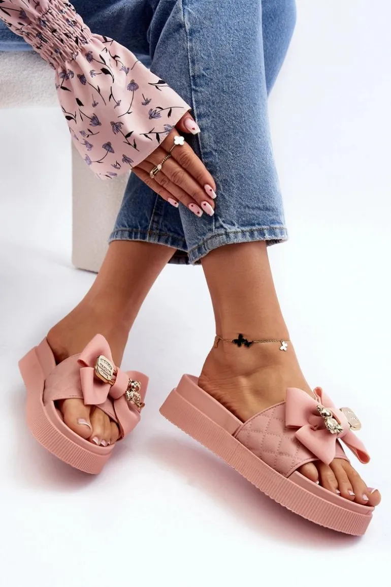 Damskie Klapki Z Kokardą i Misiem Różowe Katterina