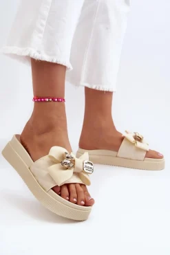 Damskie Klapki Z Kokardą i Misiem Beżowe Katterina