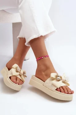 Damskie Klapki Z Kokardą i Misiem Beżowe Katterina
