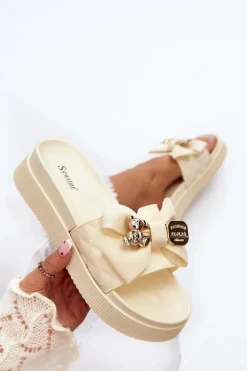 Damskie Klapki Z Kokardą i Misiem Beżowe Katterina