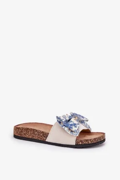 Damskie Klapki Z Kokardą Na Korkowej Platformie Niebieskie Lisandrea