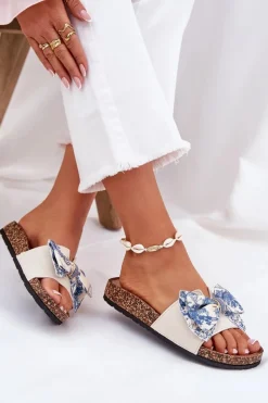 Damskie Klapki Z Kokardą Na Korkowej Platformie Niebieskie Lisandrea