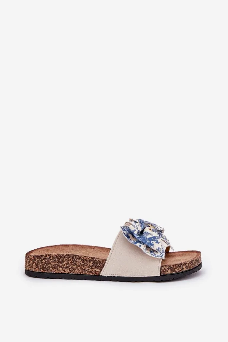 Damskie Klapki Z Kokardą Na Korkowej Platformie Niebieskie Lisandrea