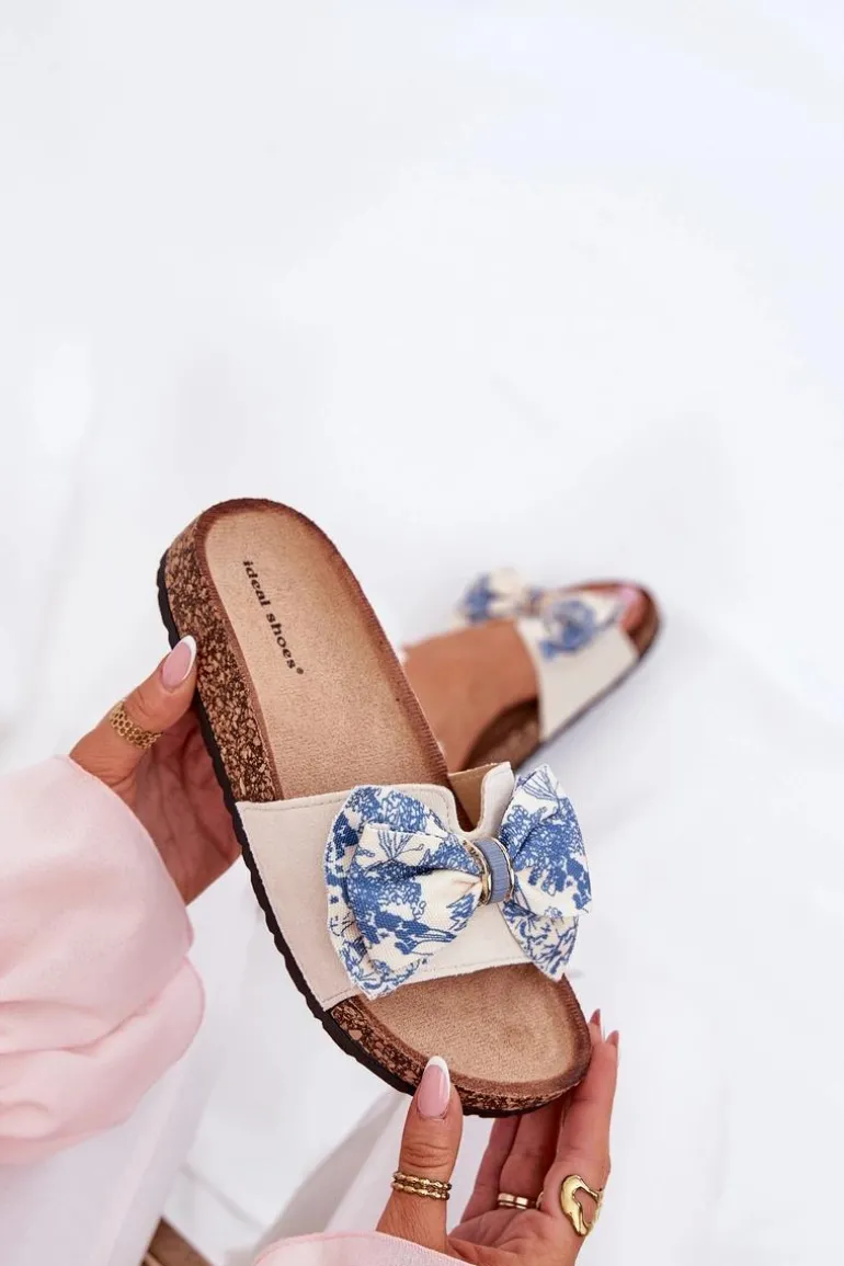 Damskie Klapki Z Kokardą Na Korkowej Platformie Niebieskie Lisandrea