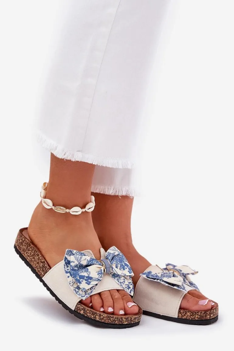 Damskie Klapki Z Kokardą Na Korkowej Platformie Niebieskie Lisandrea