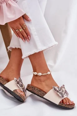 Damskie Klapki Z Kokardą Na Korkowej Platformie Beżowe Lisandrea