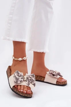 Damskie Klapki Z Kokardą Na Korkowej Platformie Beżowe Lisandrea