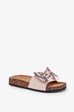 Damskie Klapki Z Kokardą Na Korkowej Platformie Beżowe Lisandrea