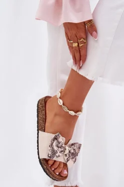 Damskie Klapki Z Kokardą Na Korkowej Platformie Beżowe Lisandrea