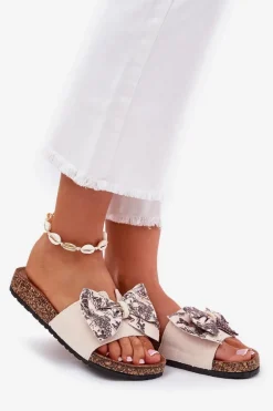 Damskie Klapki Z Kokardą Na Korkowej Platformie Beżowe Lisandrea