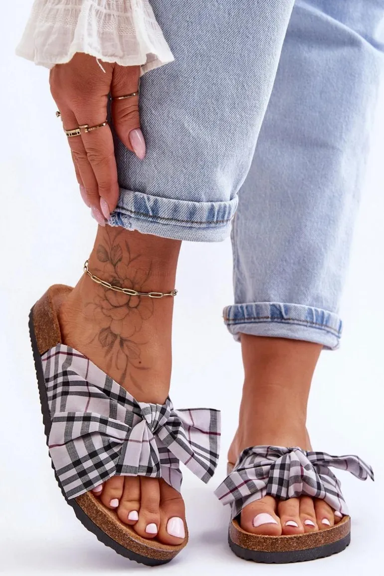 Damskie Klapki Z Kokardą Na Platformie Szare Vero