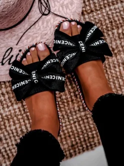 Damskie Klapki Z Kokardką Czarne Tarela