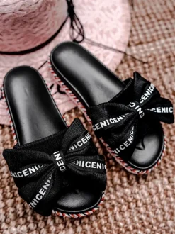 Damskie Klapki Z Kokardką Czarne Tarela