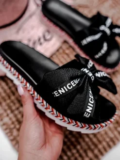 Damskie Klapki Z Kokardką Czarne Tarela