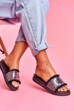 Damskie Klapki Z Kryształkami Czarne Valley